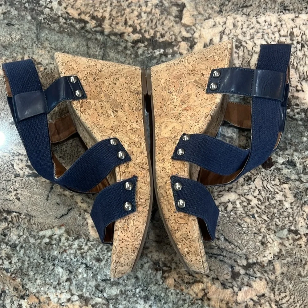 Lucky Brand Blue and Tan Wedge Sandals